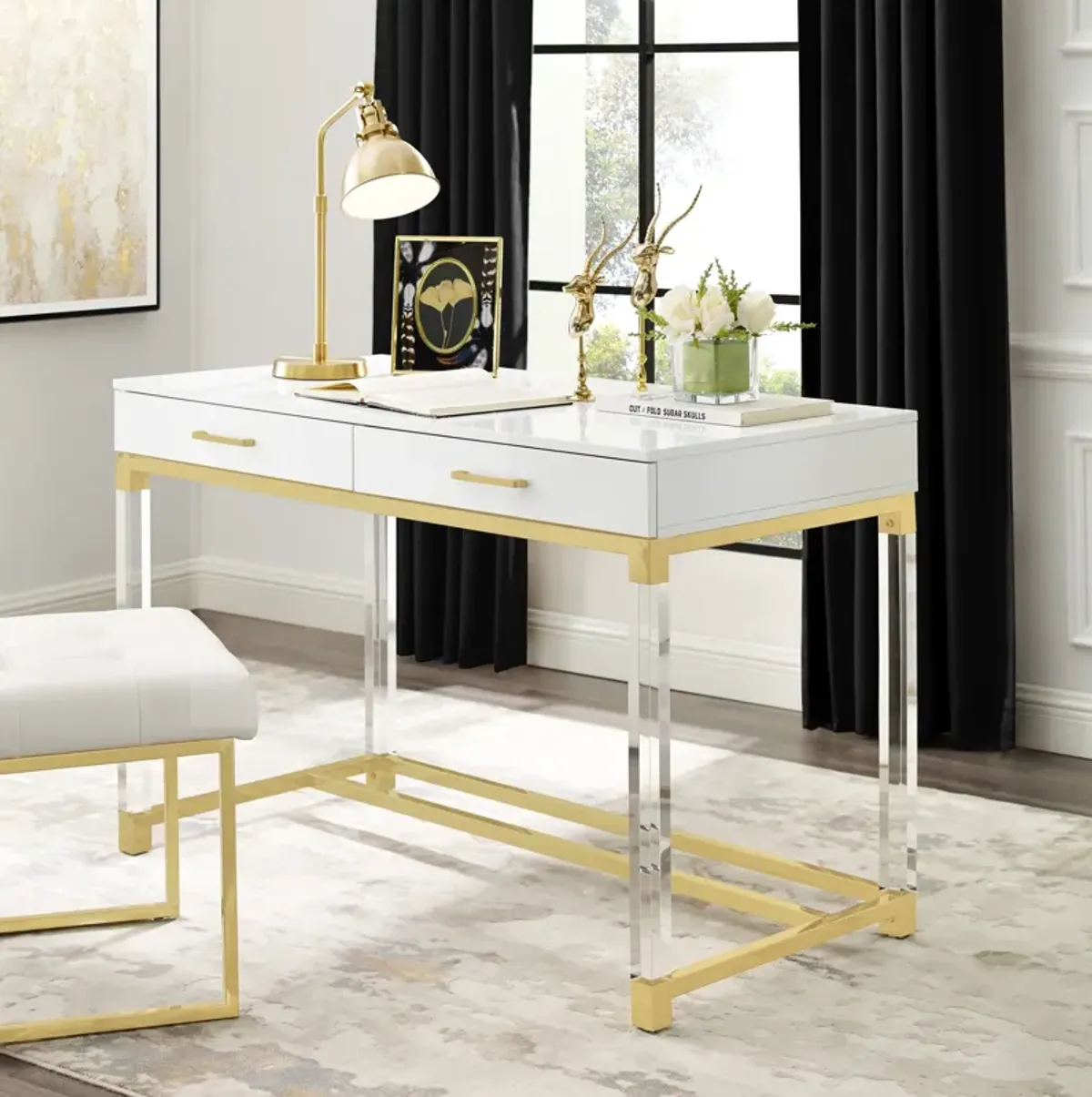 Inspired Home Kalel High Gloss 2 Drawers Writing Desk with Acrylic Legs and Stainless Steel Base