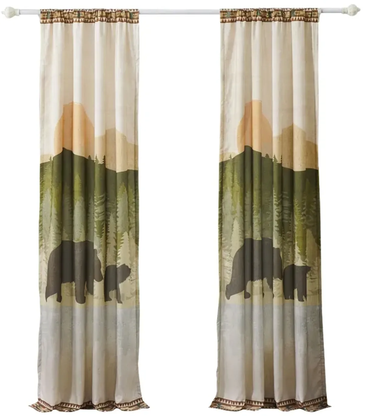 Kip 2 Panels Curtain Set, Microfiber, Green and Beige Mountain Scenery - Benzara