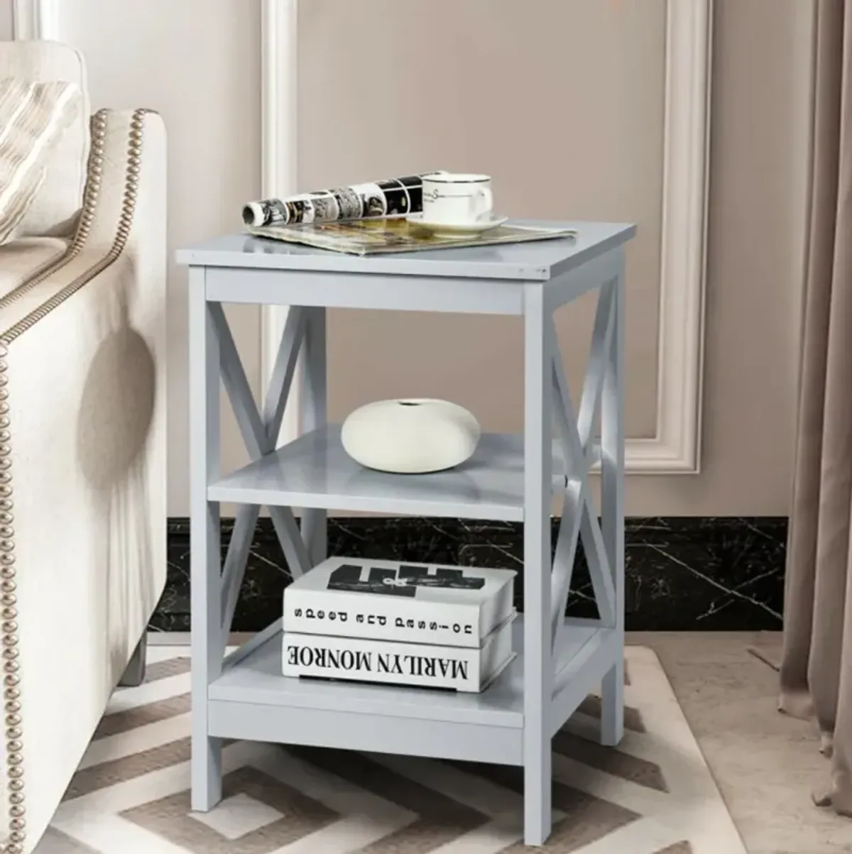 Hivvago 3-Tier Nightstand End Table with X Design Storage