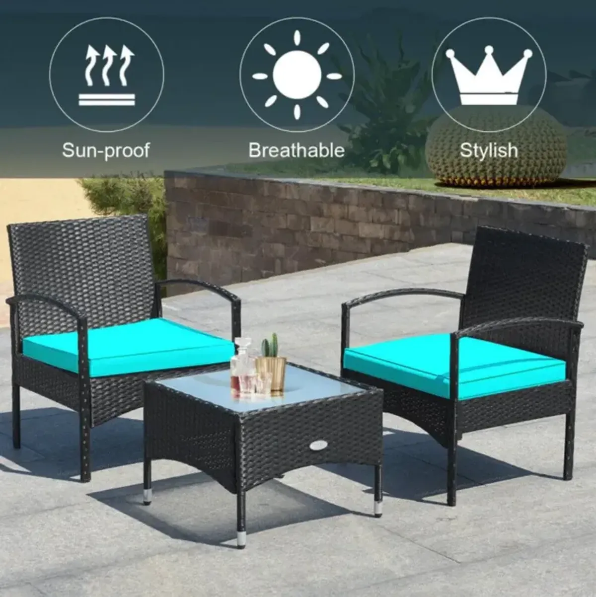 Hivvago 3 Pieces Patio Wicker Rattan Furniture Set with Cushions for Lawn Backyard