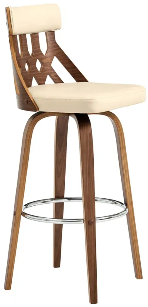 Crux Swivel Bar Stool in Cream Faux Leather and Walnut Wood