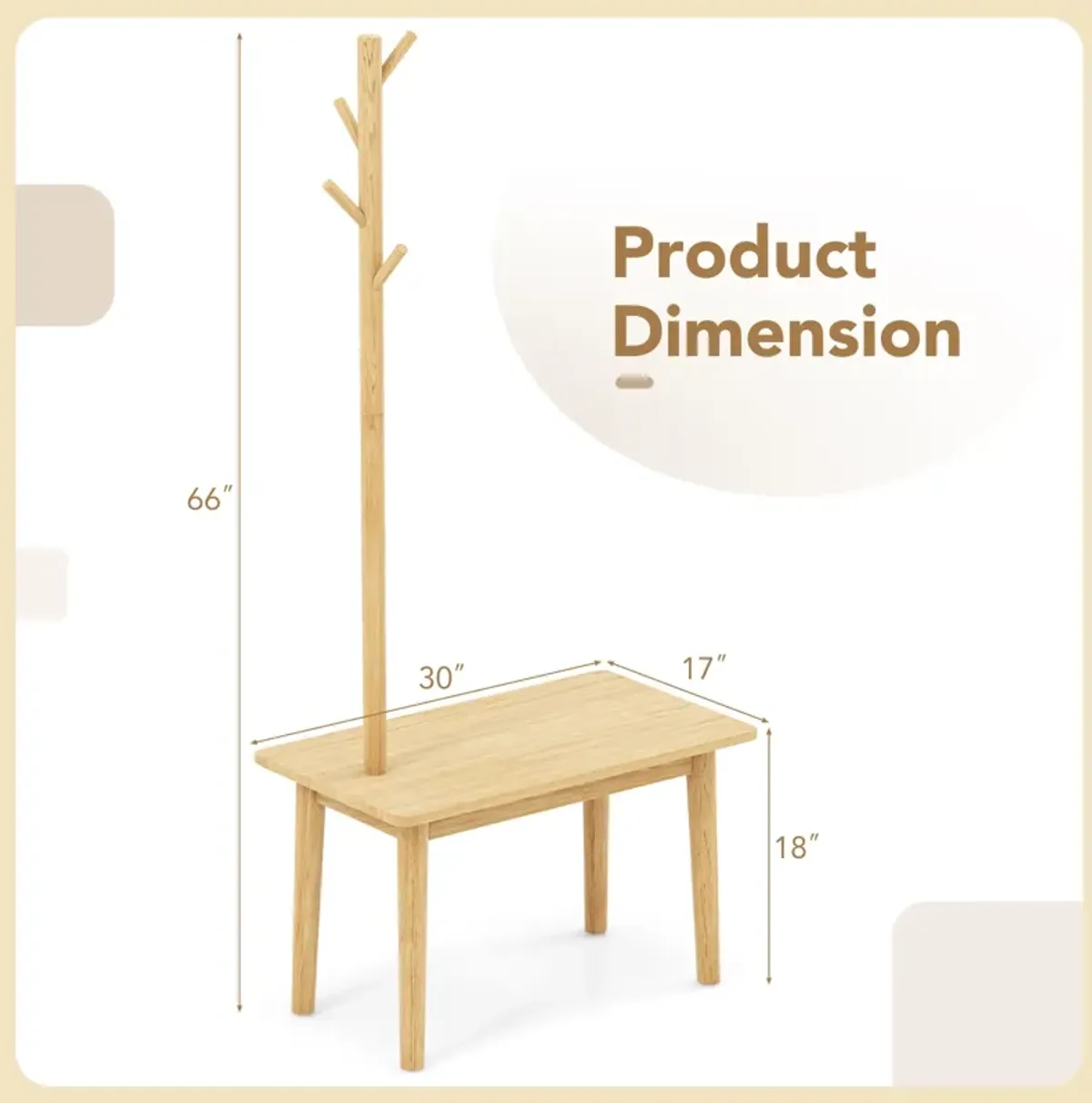 End Table with Coat Rack Solid Wood Coat Tree with 2-in-1 Side Table