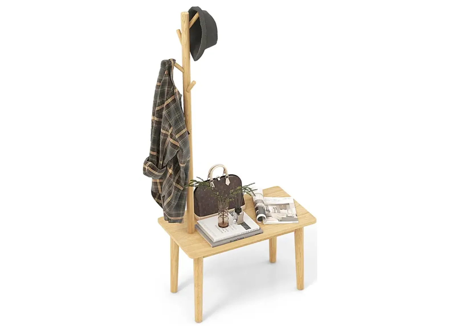 End Table with Coat Rack Solid Wood Coat Tree with 2-in-1 Side Table