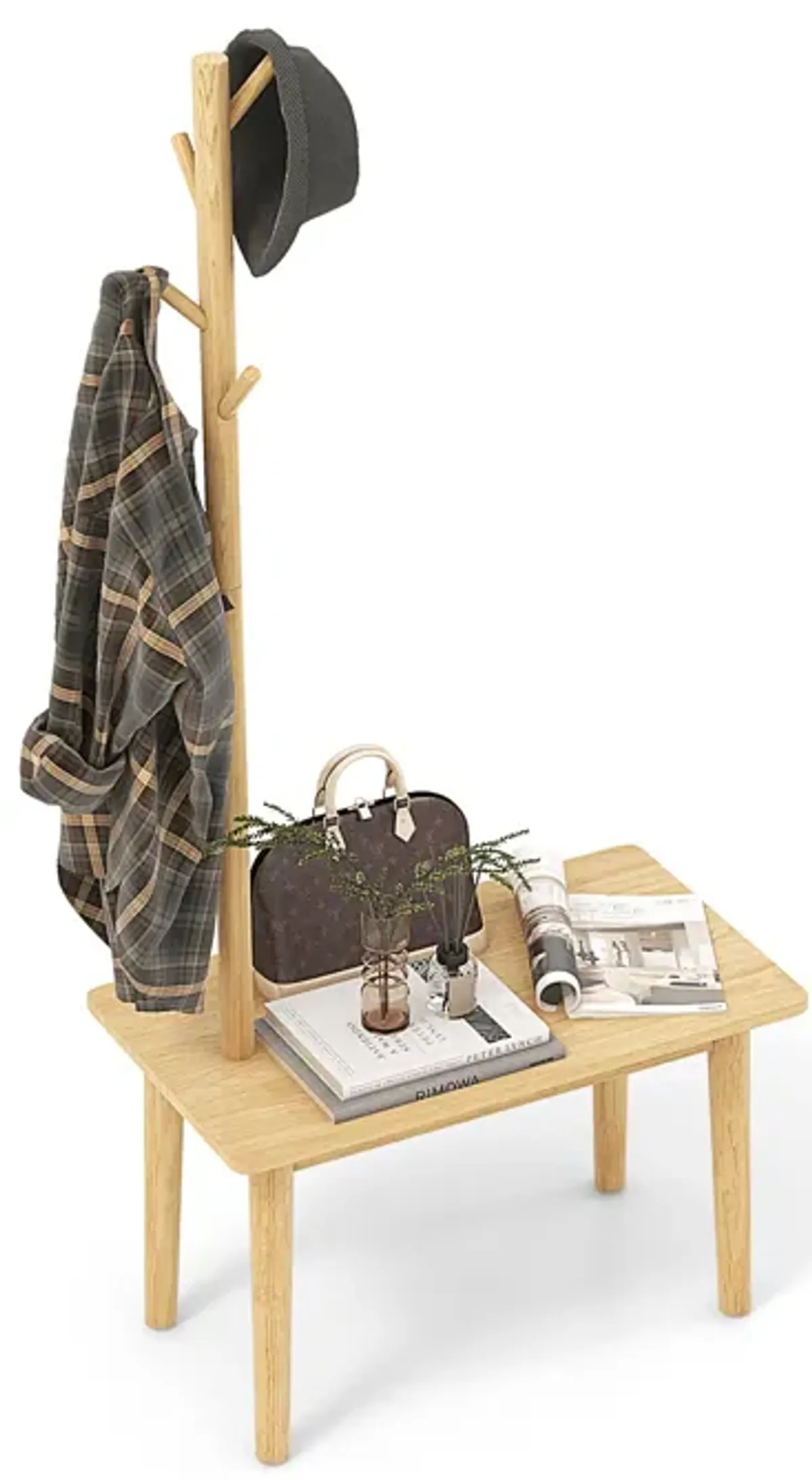 End Table with Coat Rack Solid Wood Coat Tree with 2-in-1 Side Table