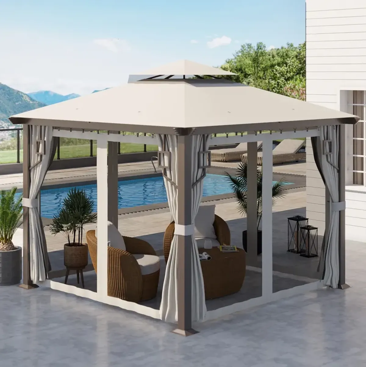 Cream White Garden Pavilion: 10'x10' Aluminum Gazebo with Curtains