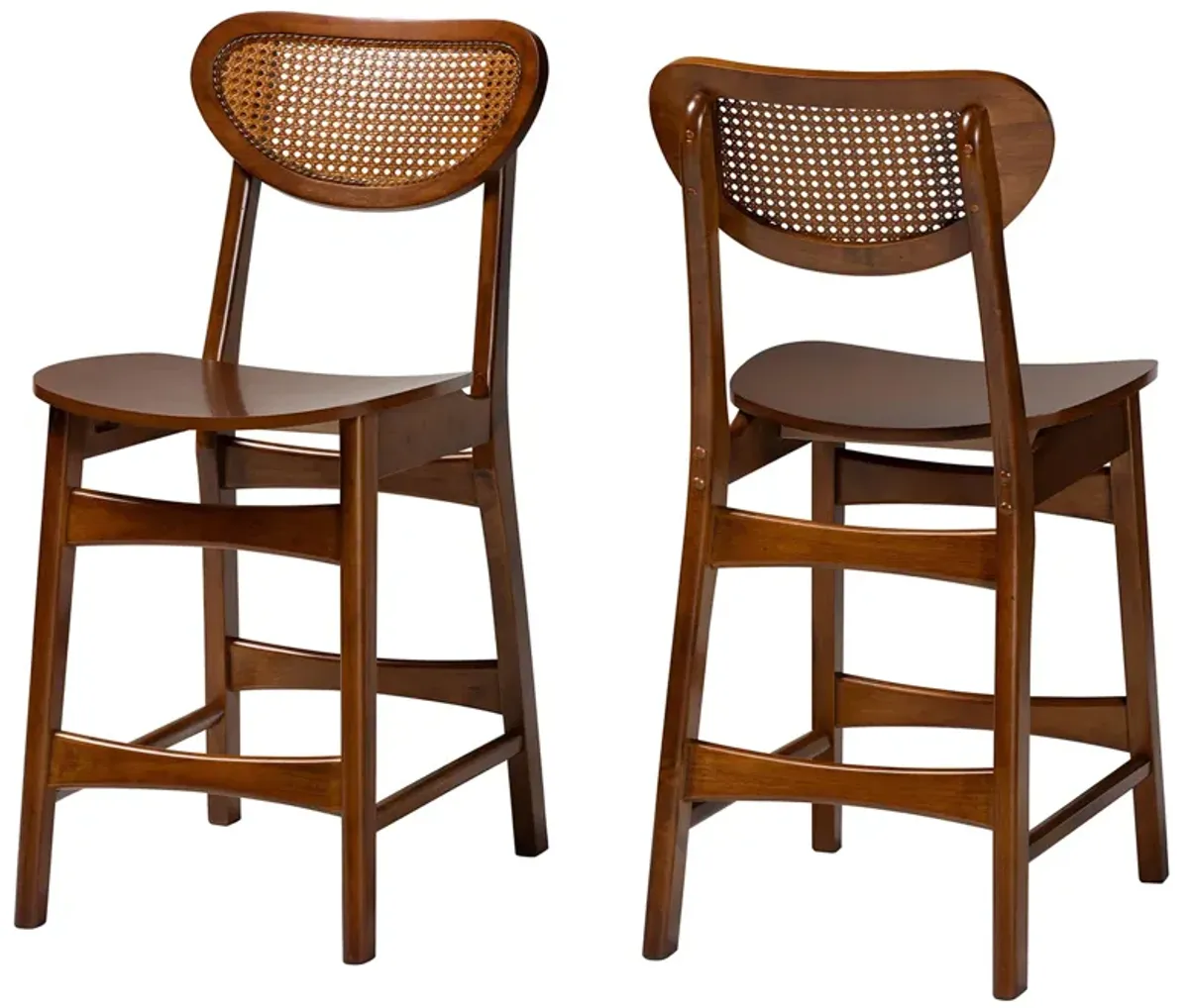 Baxton Studio Hesper Mid-Century Modern Walnut Brown Finished Wood and Rattan 2-Piece Counter Stool Set