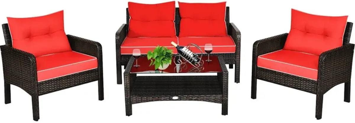 4 Pieces Outdoor Rattan Wicker Loveseat Furniture Set with Cushions