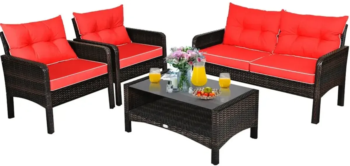 4 Pieces Outdoor Rattan Wicker Loveseat Furniture Set with Cushions