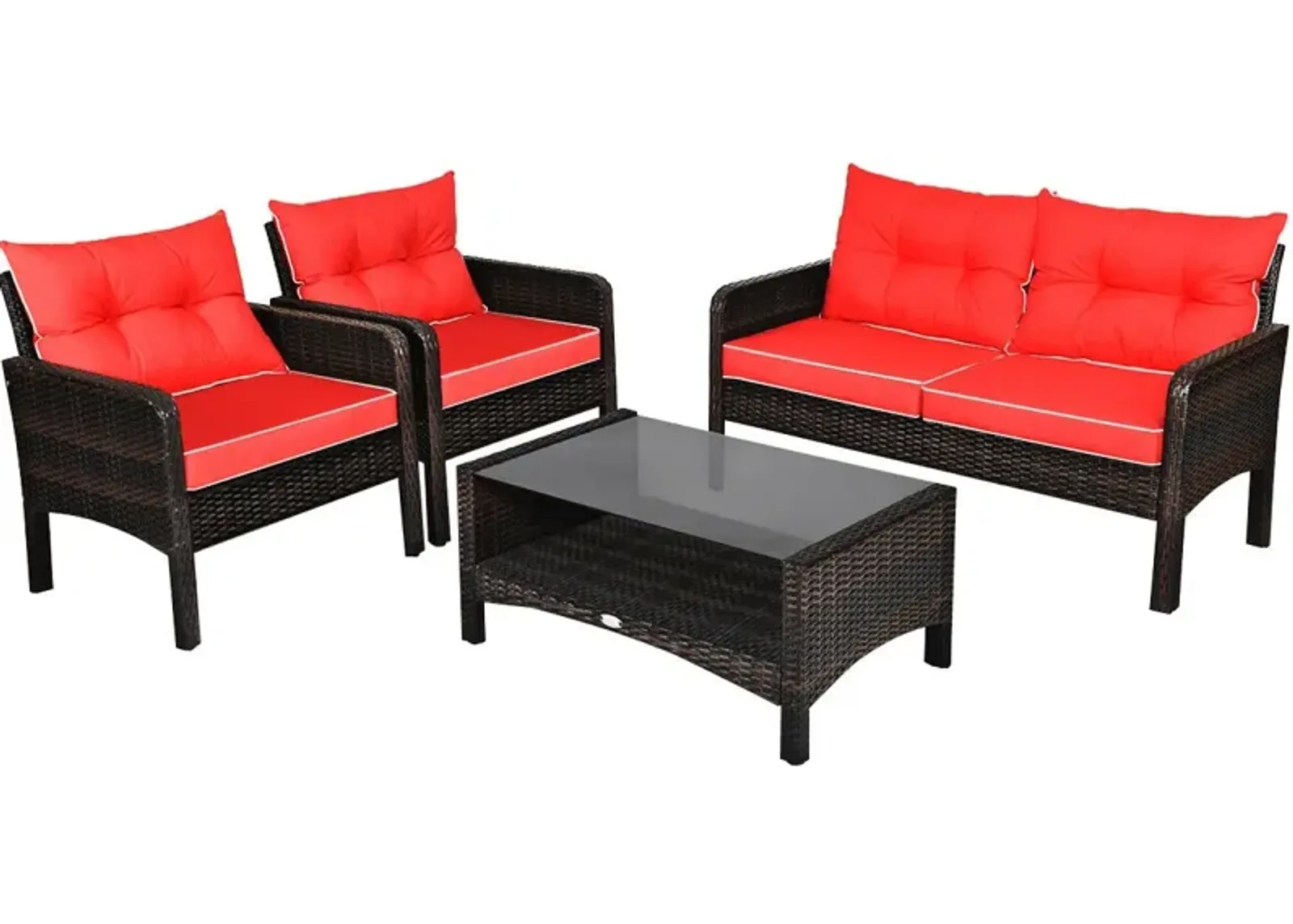 4 Pieces Outdoor Rattan Wicker Loveseat Furniture Set with Cushions