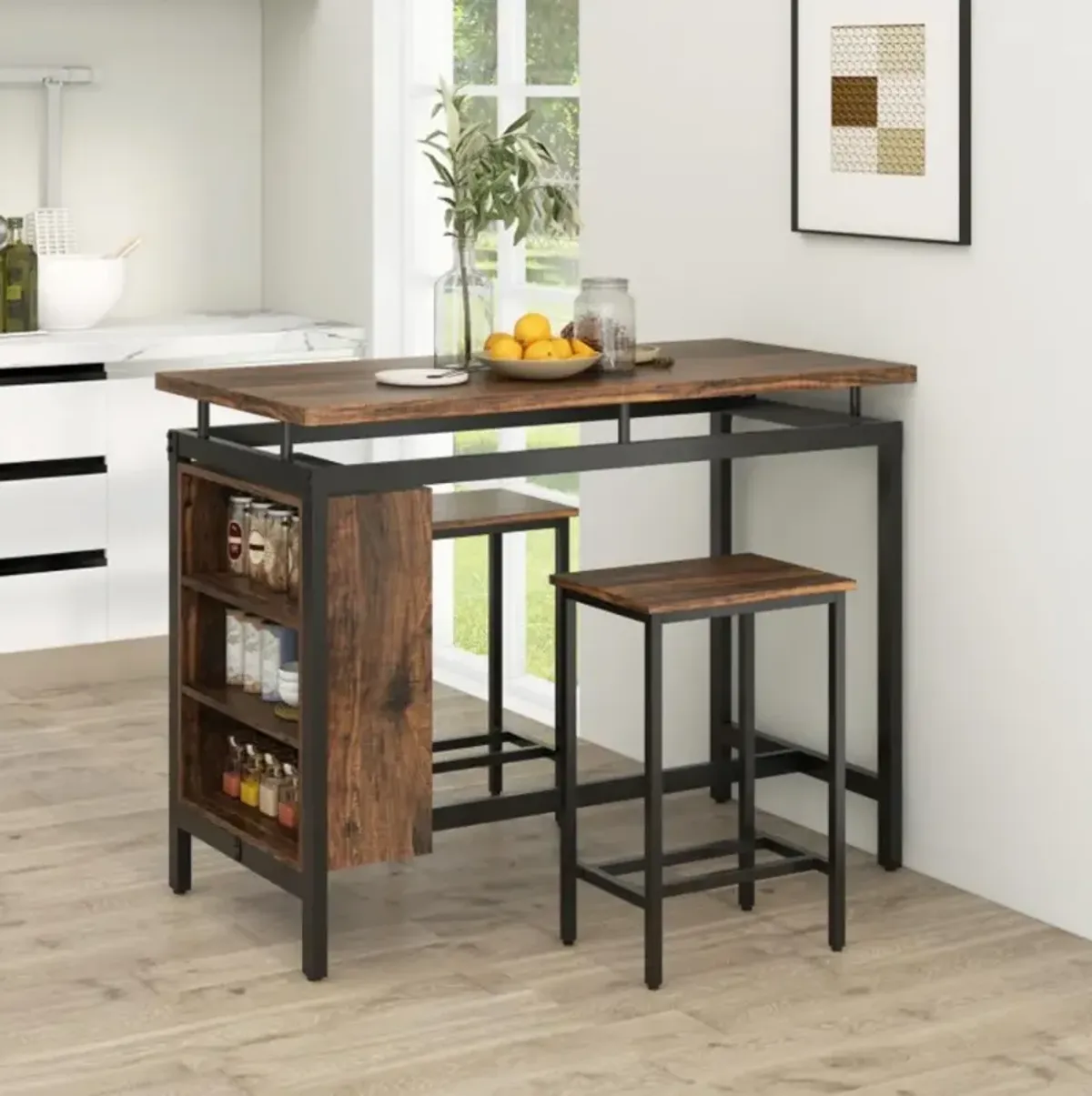 Hivvago 3 Pieces Dining Table Set with 3-Tier Storage Shelf and Metal Frame