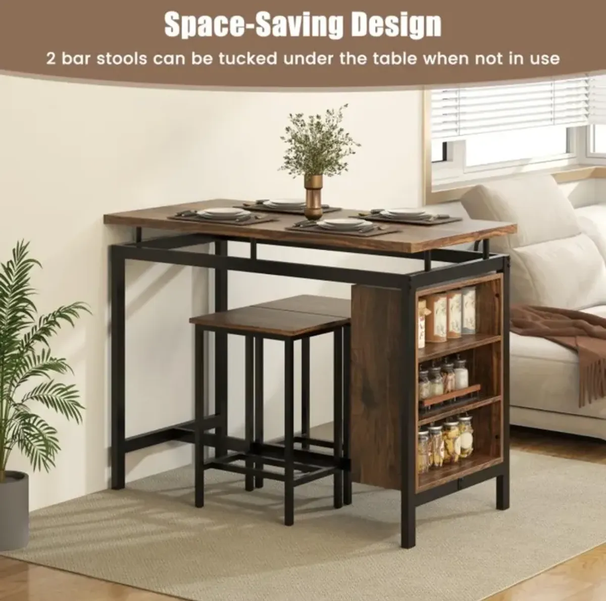 Hivvago 3 Pieces Dining Table Set with 3-Tier Storage Shelf and Metal Frame