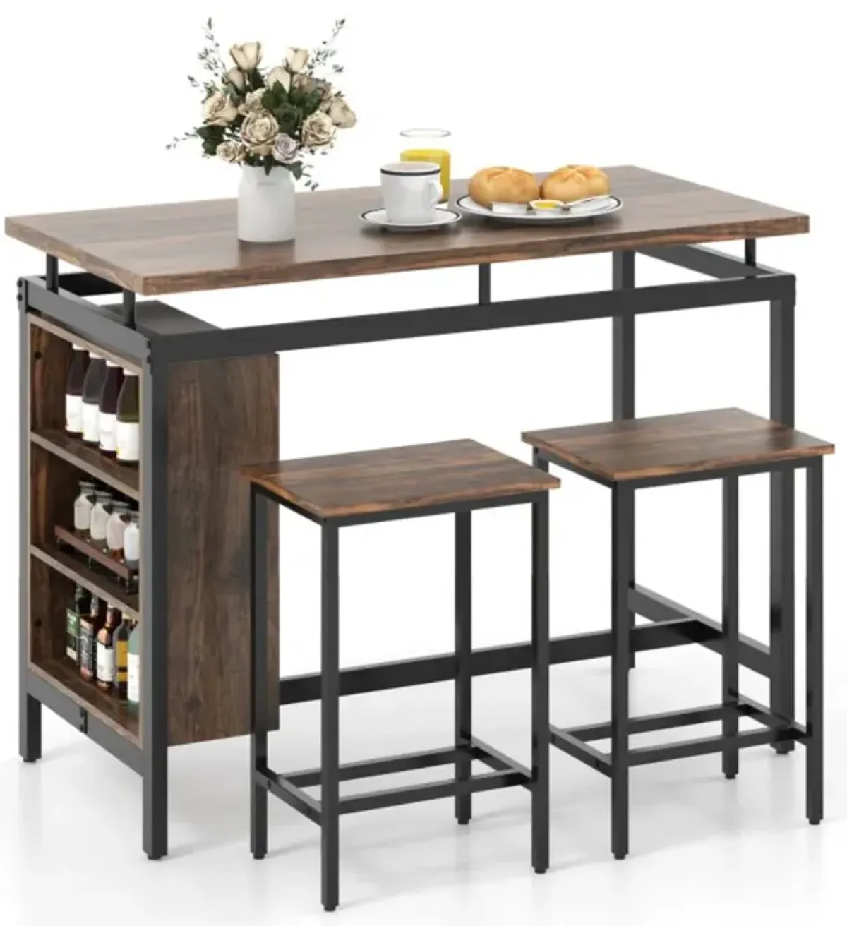 Hivvago 3 Pieces Dining Table Set with 3-Tier Storage Shelf and Metal Frame