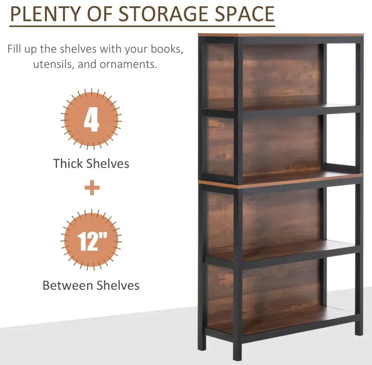 Walnut Bookshelf: 4-Tier Modern Design Storage Rack