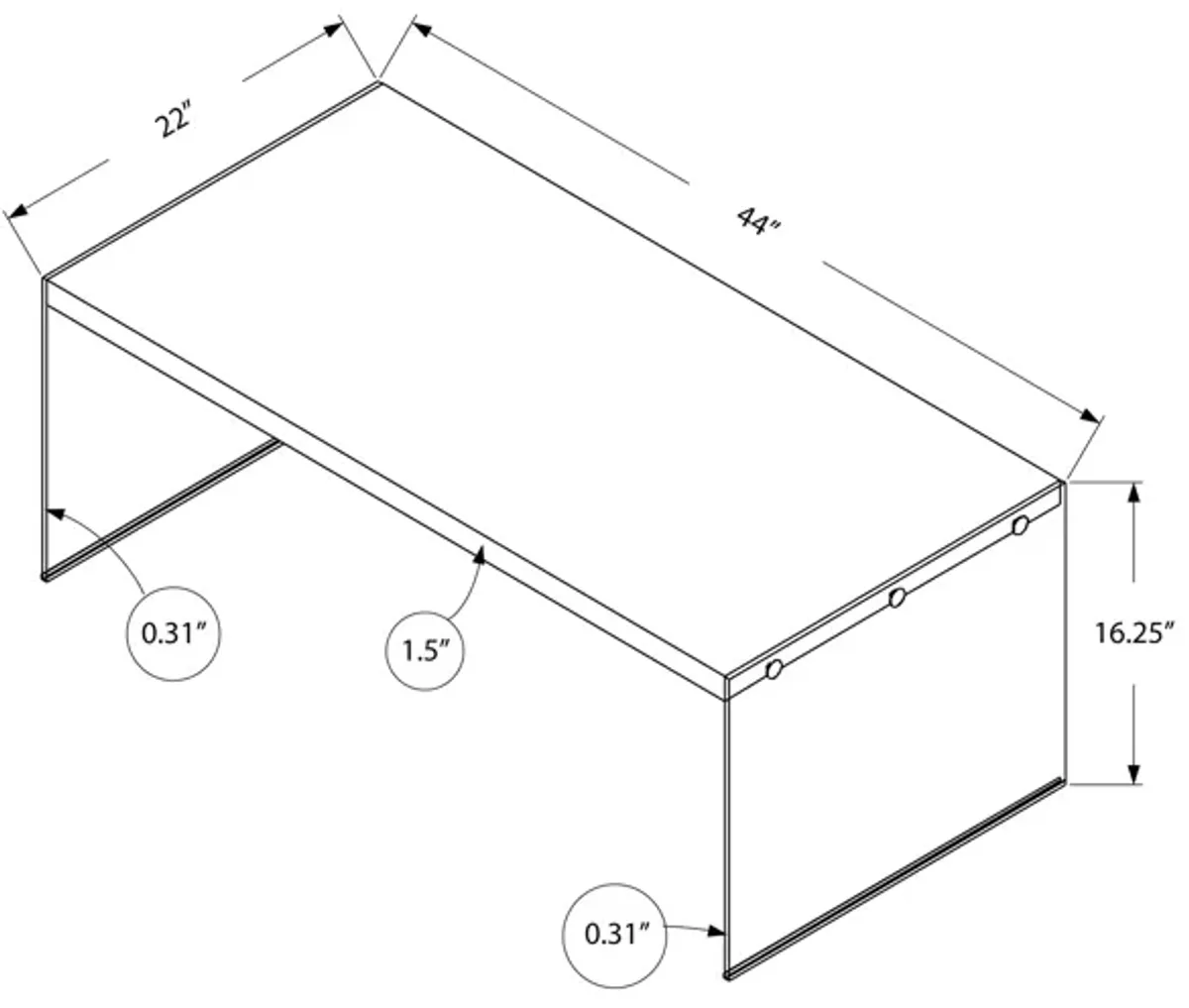 Monarch Specialties I 3286 Coffee Table, Accent, Cocktail, Rectangular, Living Room, 44"L, Tempered Glass, Laminate, Glossy White, Clear, Contemporary, Modern