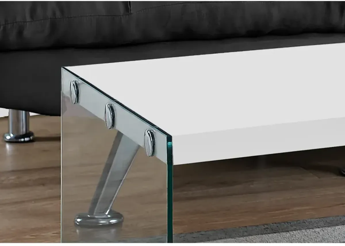 Monarch Specialties I 3286 Coffee Table, Accent, Cocktail, Rectangular, Living Room, 44"L, Tempered Glass, Laminate, Glossy White, Clear, Contemporary, Modern