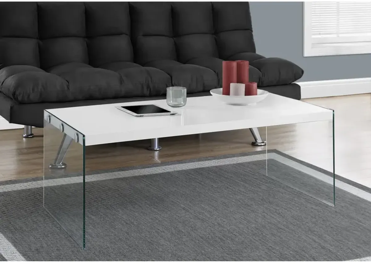 Monarch Specialties I 3286 Coffee Table, Accent, Cocktail, Rectangular, Living Room, 44"L, Tempered Glass, Laminate, Glossy White, Clear, Contemporary, Modern