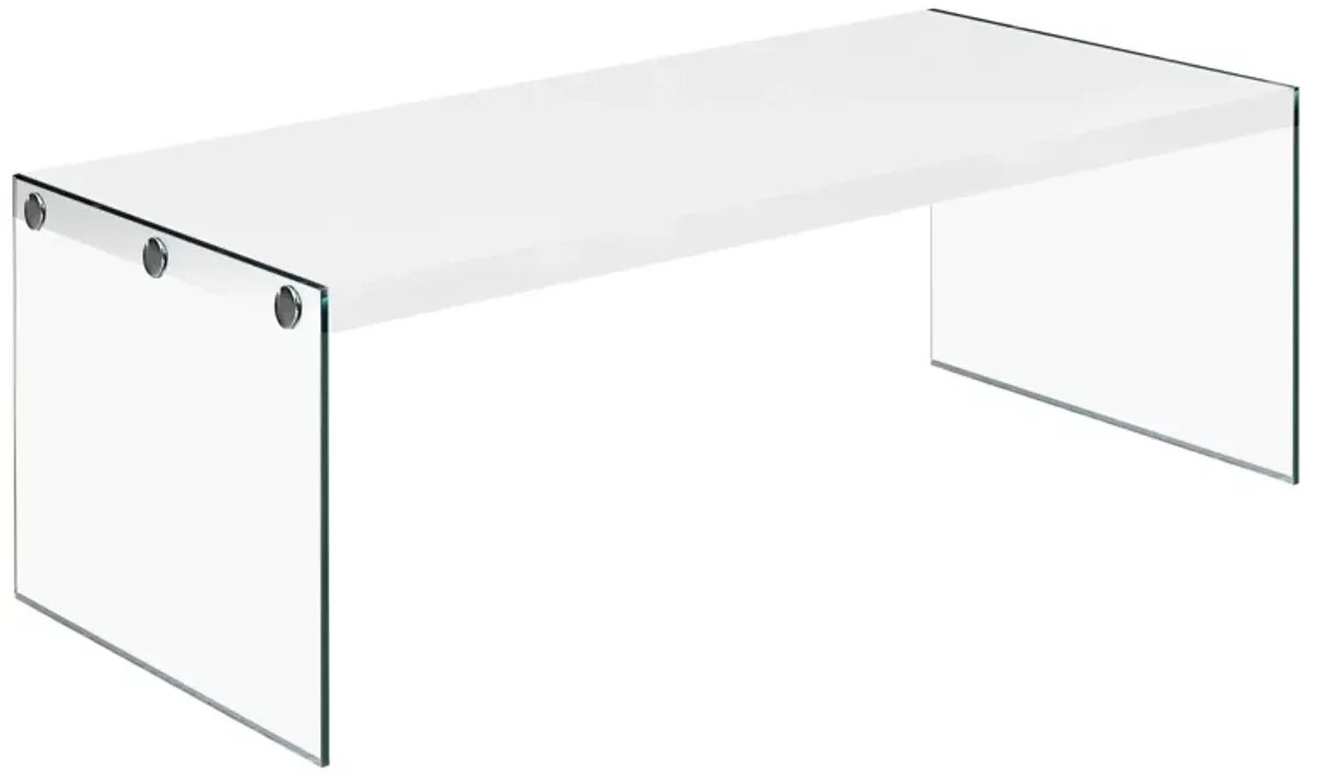 Monarch Specialties I 3286 Coffee Table, Accent, Cocktail, Rectangular, Living Room, 44"L, Tempered Glass, Laminate, Glossy White, Clear, Contemporary, Modern