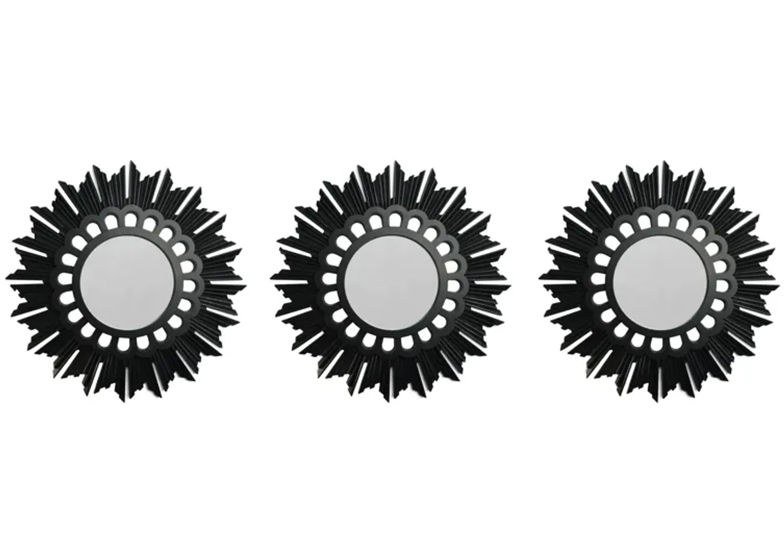 Set of 3 Floral Sunburst Matte Black Round Mirrors 9.5