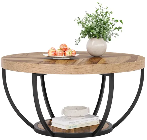 Christmas, 32" Round Coffee Table, Modern Circle Coffee Table Sofa Side Table with Metal Legs for Living Room, Home Office, 2-Tier Wood Accent Center Table with Open Storage, Vintage Home Furniture