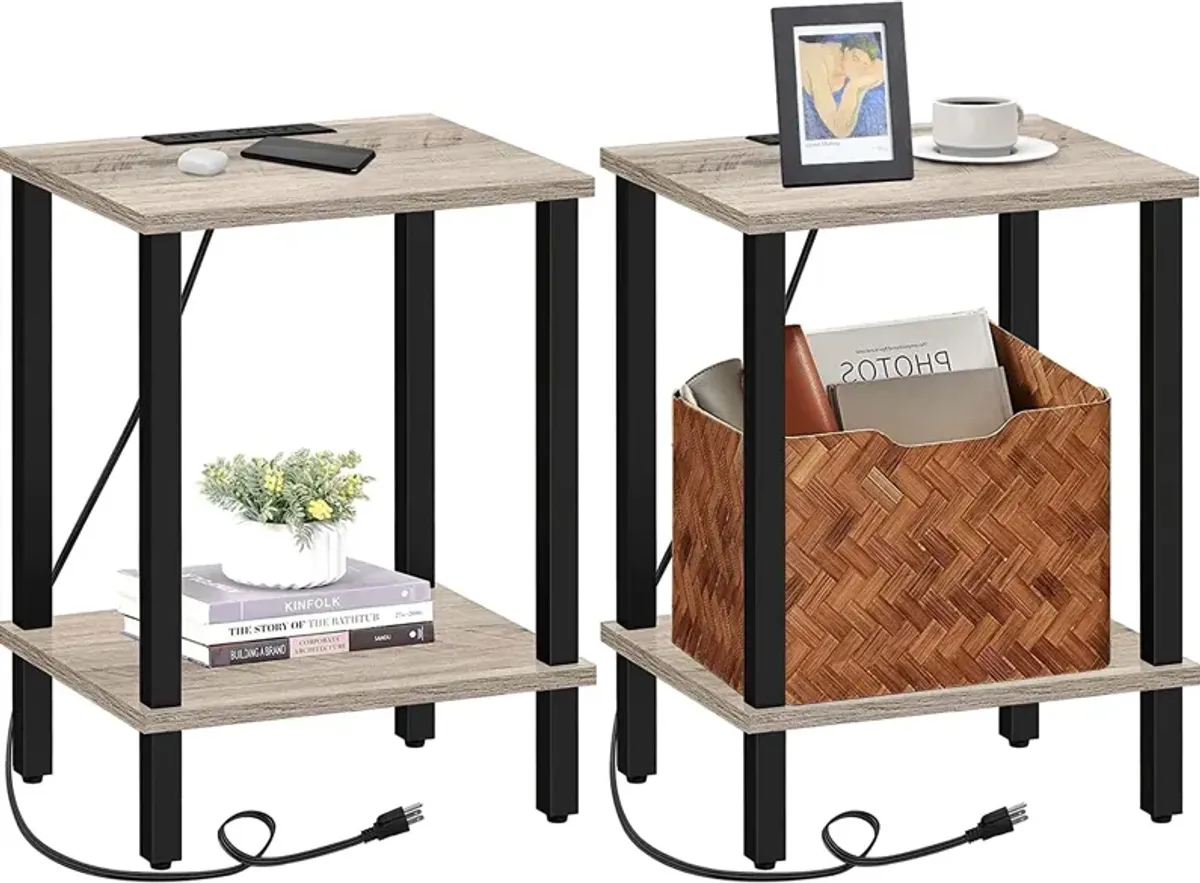 TUTOTAK End Table with Charging Station, Set of 2, Side Table with USB Ports and Outlets, Nightstand, 2-Tier Storage Shelf, Sofa
