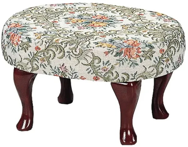 16 Inch Vintage Accent Footstool, Floral Motif Fabric, Merlot Cabriole Legs - Benzara