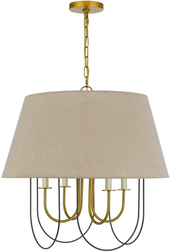 Pomy 24 Inch Chandelier, Hardback Burlap Shade, Gold Black Metal - Benzara