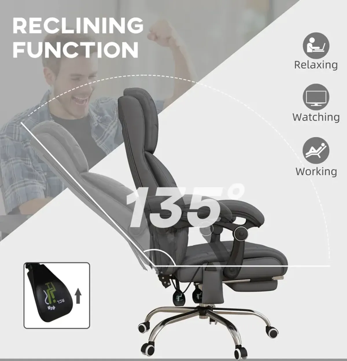 Gray PU Leather Massage Chair: 4 Vibration Points, Reclining