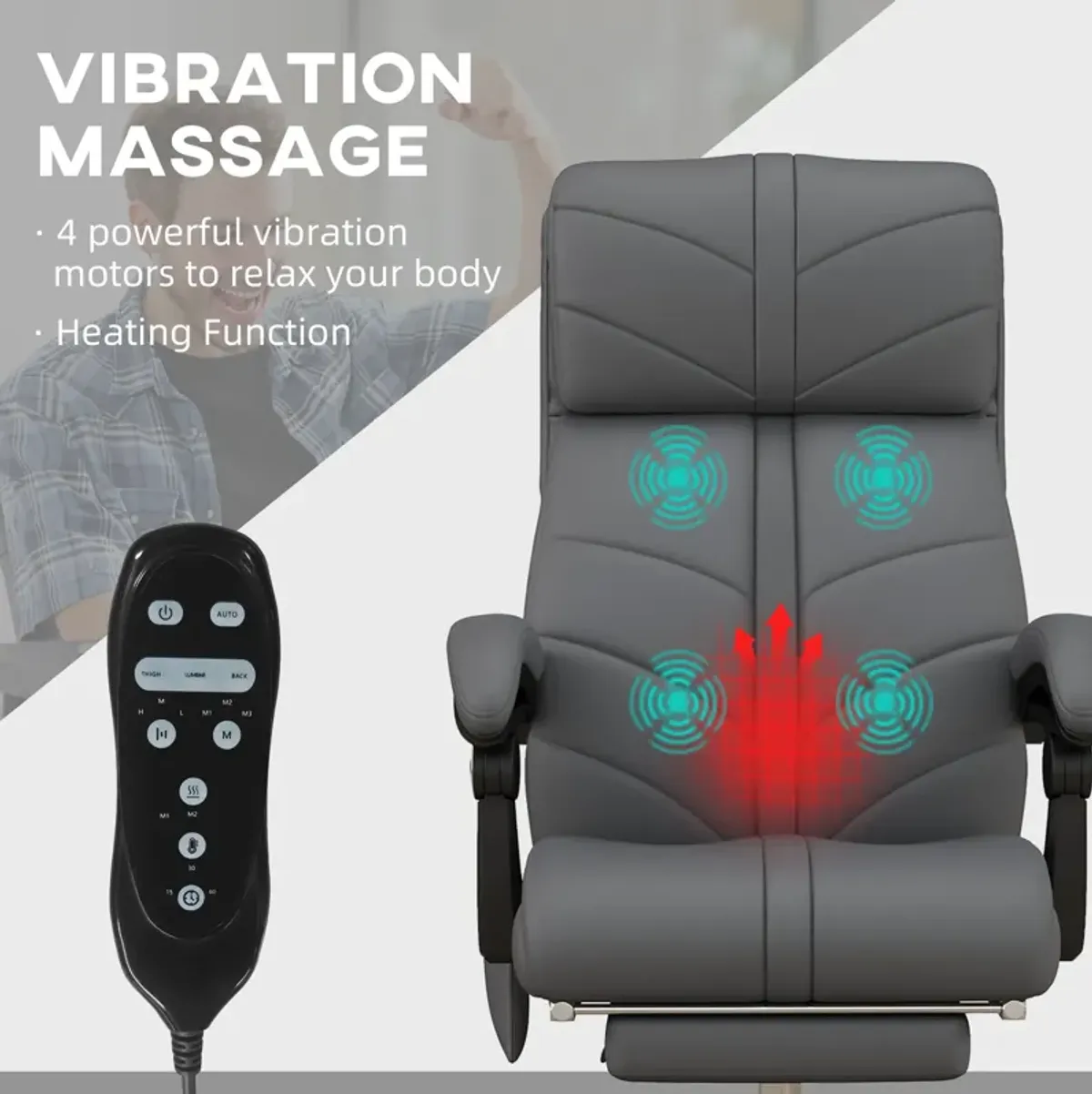 Gray PU Leather Massage Chair: 4 Vibration Points, Reclining