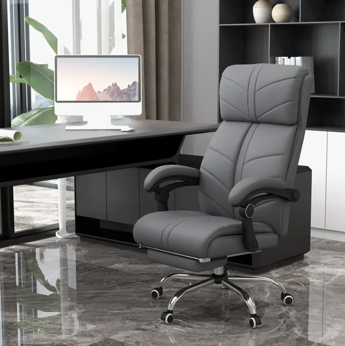 Gray PU Leather Massage Chair: 4 Vibration Points, Reclining