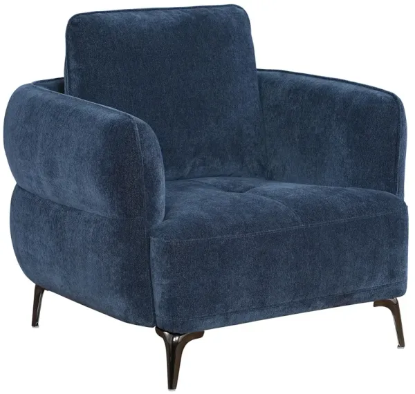 Lyk Armchair, 38 Inch Plush Navy Blue Fabric, Sleek Modern Nickel Legs - Benzara
