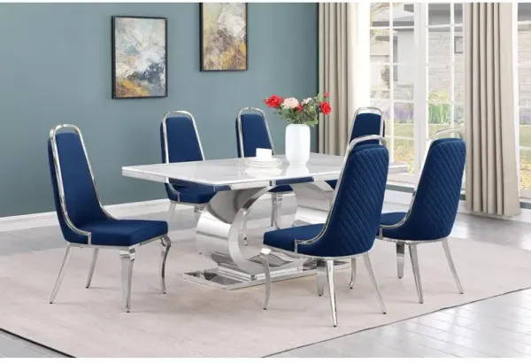 7pc Large(68") marble top dining set with silver base and 6 Navy blue chairs