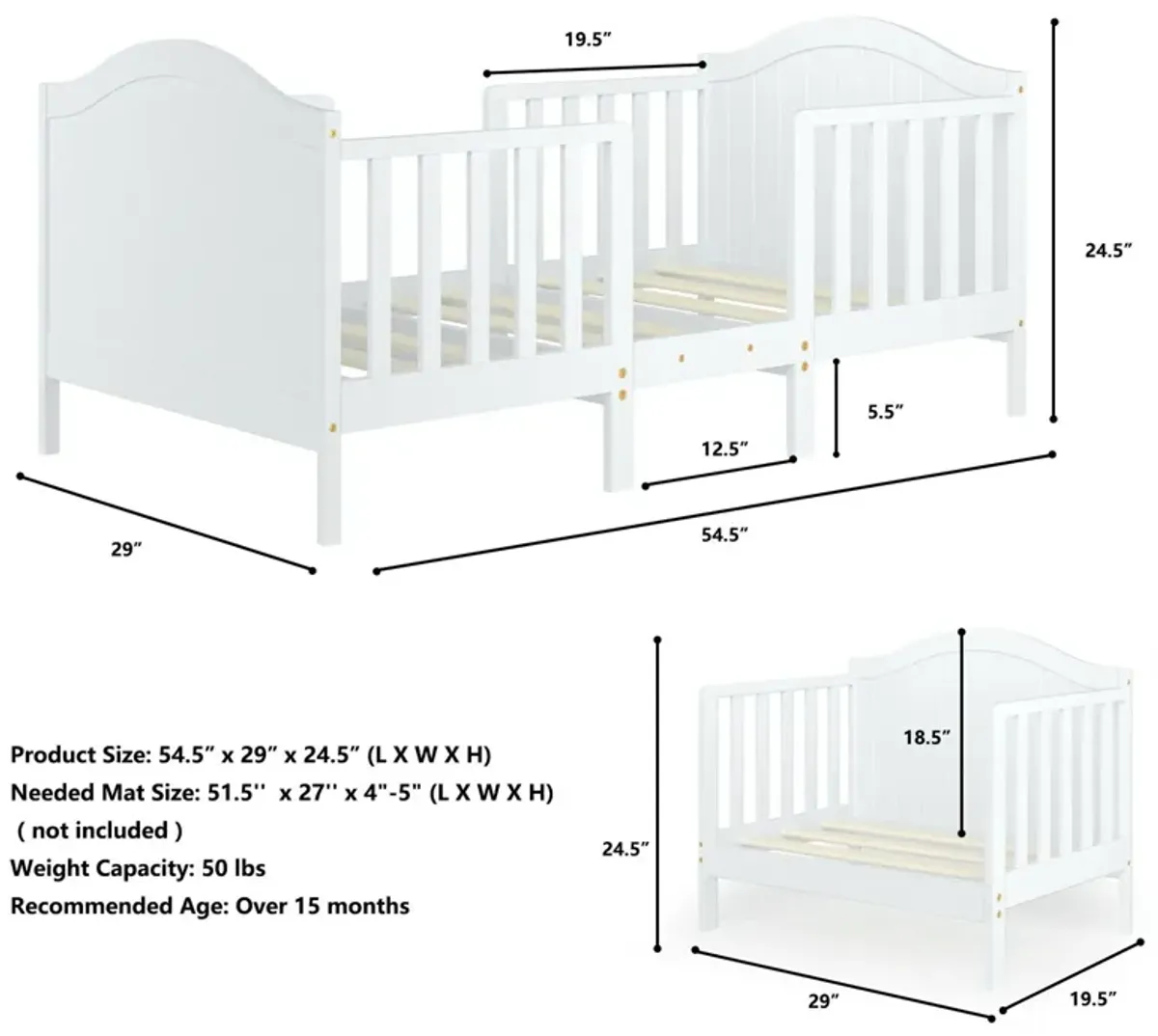 2-in-1 Classic Convertible Wooden Toddler Bed with 2 Side Guardrails for Extra Safety