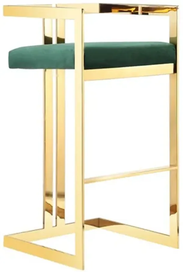 Zie 30 Inch Barstool Chair, Green Velvet Padded Seat, Gold Steel Finish - Benzara