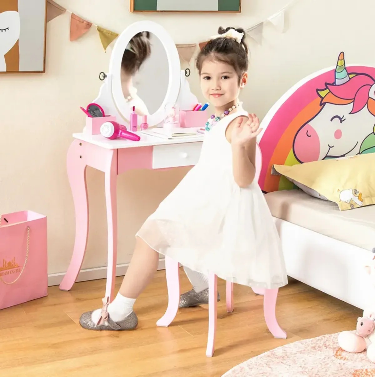 Pretend Kids Vanity Set with 360� Rotatable Mirror and Play Accessories