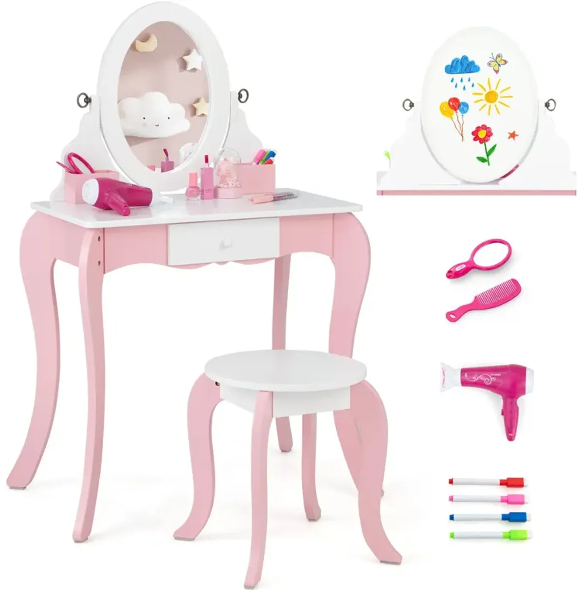 Pretend Kids Vanity Set with 360� Rotatable Mirror and Play Accessories