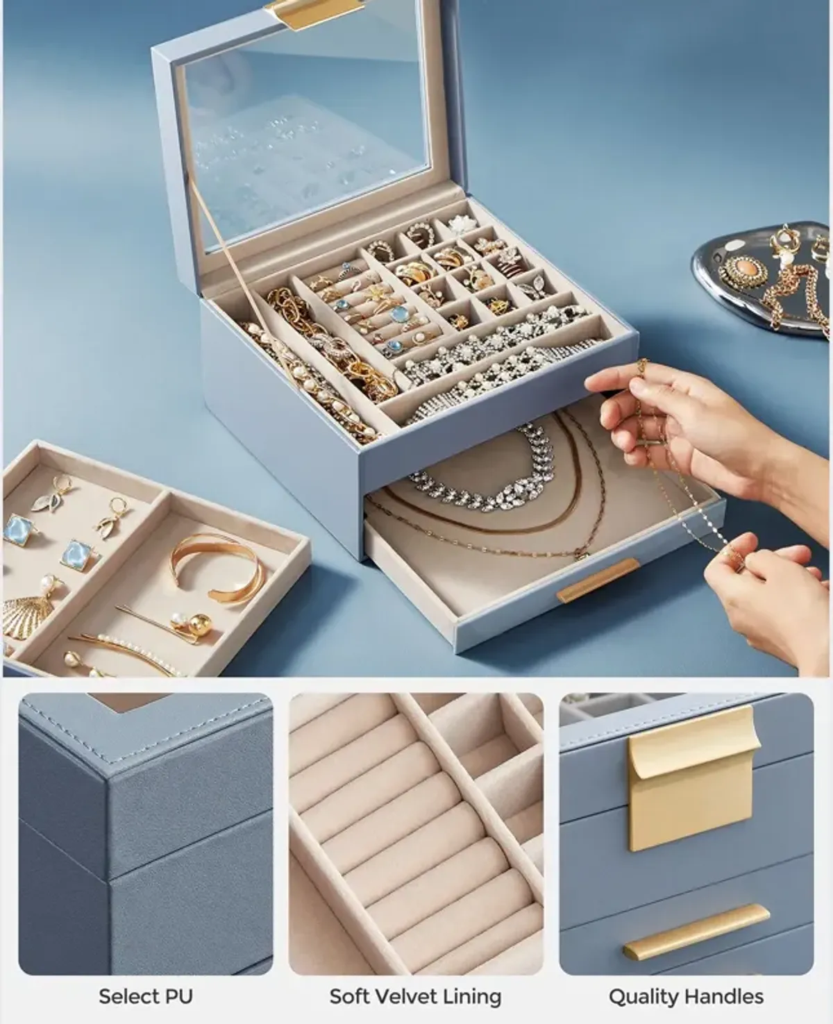 3-Layer Jewelry Box with Glass Lid and 2 Drawers - Perfect Gift for Loved Ones