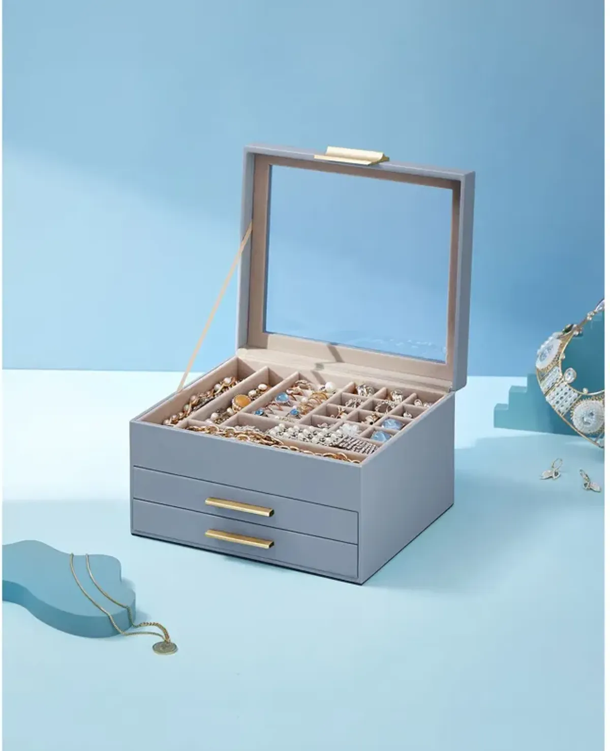 3-Layer Jewelry Box with Glass Lid and 2 Drawers - Perfect Gift for Loved Ones