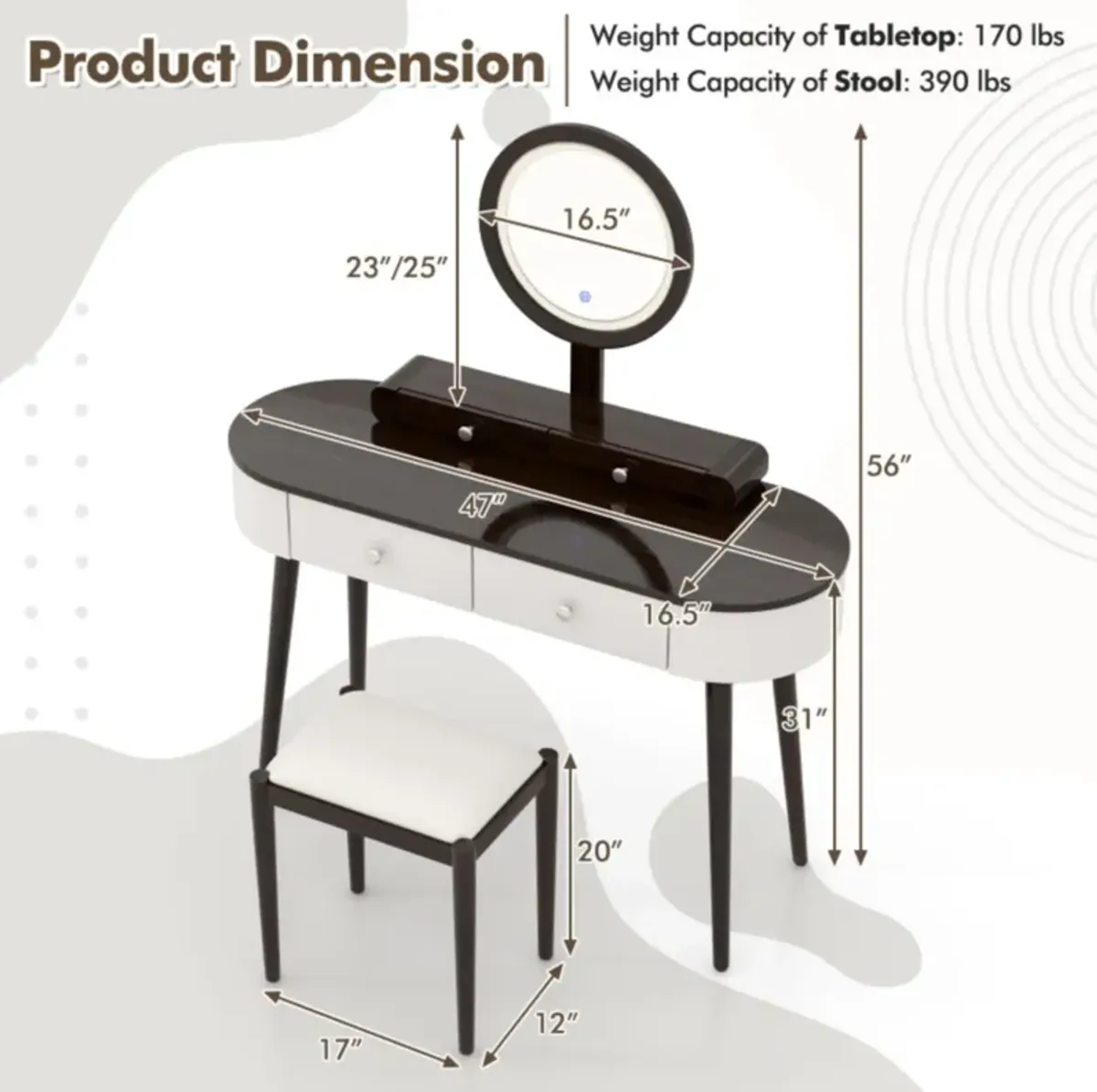 Hivvago Makeup Vanity Table Set with LED Mirror and 3 Spacious Drawers