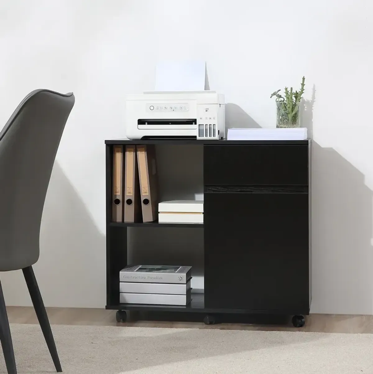 Black Office Assistant: File Cabinet/Printer Stand with Open Shelves