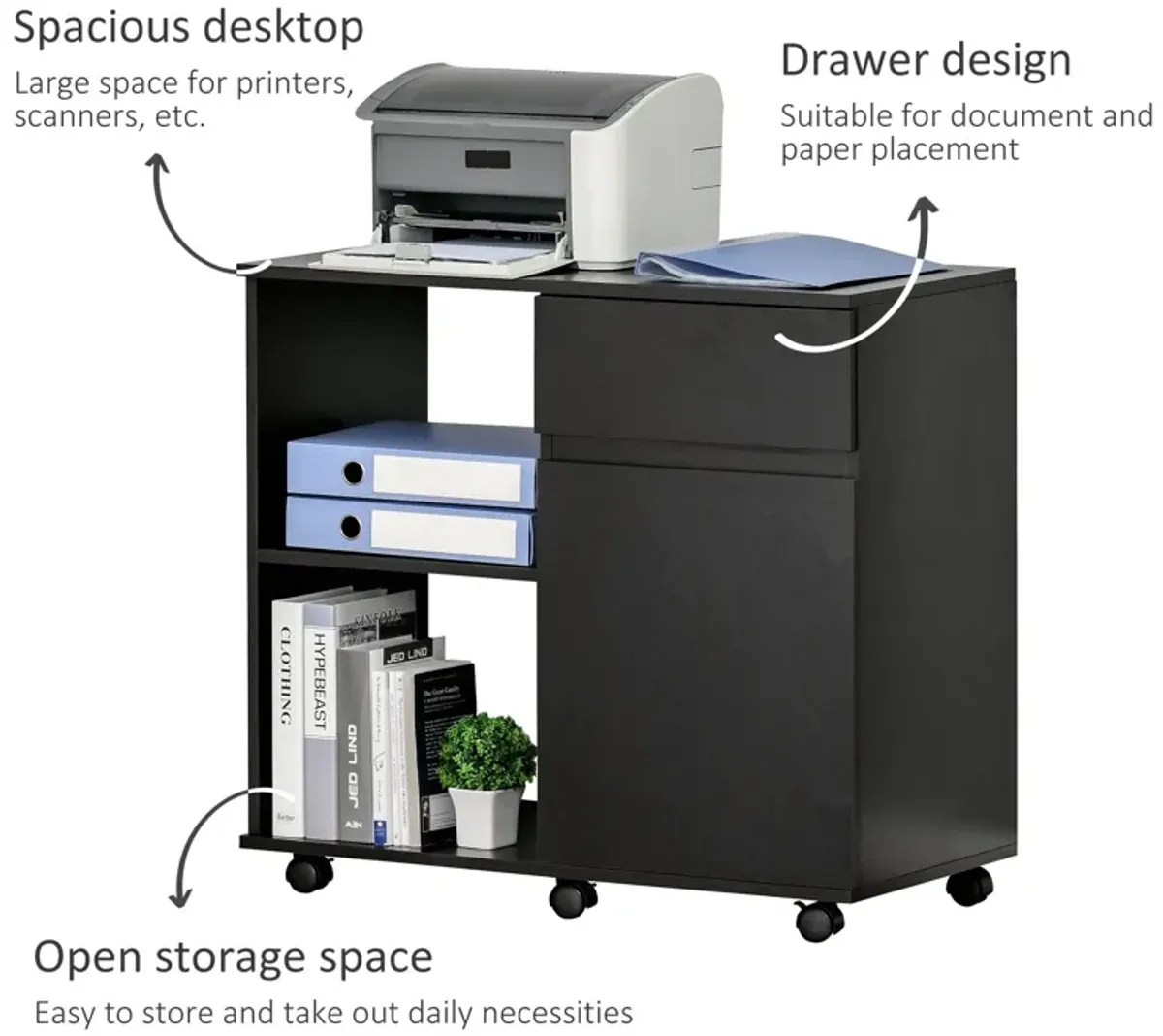 Black Office Assistant: File Cabinet/Printer Stand with Open Shelves