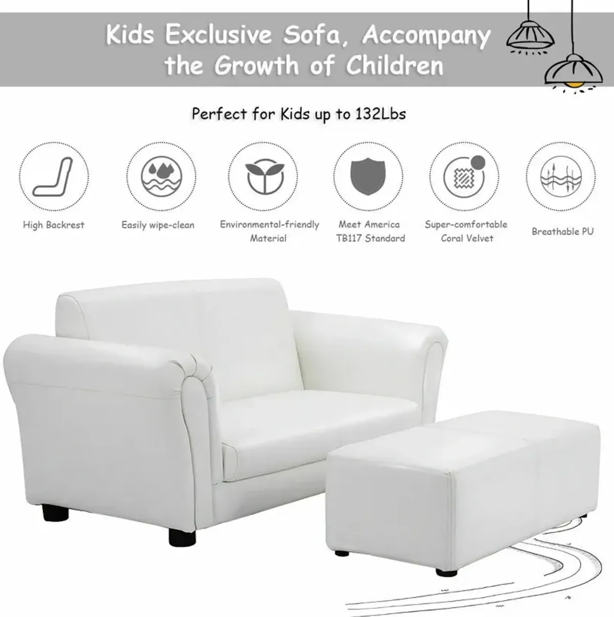 Soft Kids Double Sofa with Ottoman