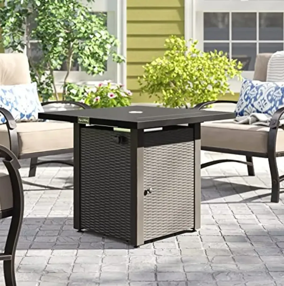 28In Outdoor Propane Fire Pit Table, 50,000 Btu, Outside Gas Dining Fire Table With Lid, Rattan