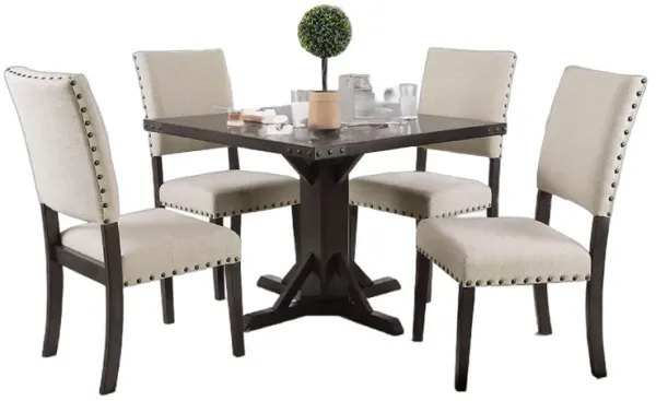 Gllen 5pc Dining Table Set, 4 Ivory Fabric Chairs, Cherry Solid Wood