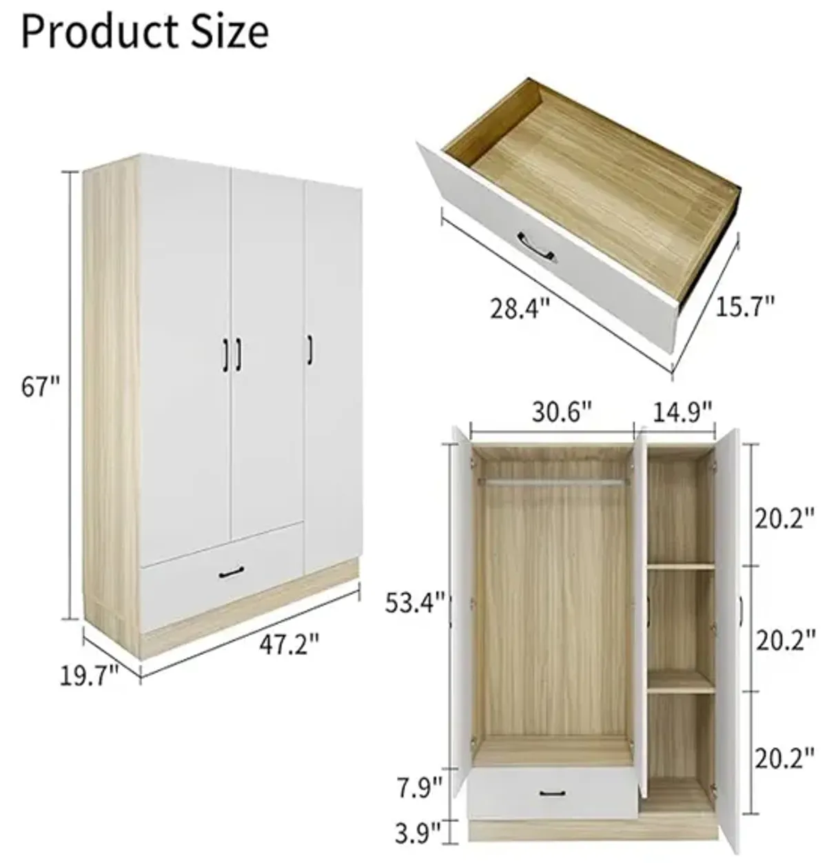 Armoire Wardrobe Closet, Bedroom Armoires with Hanging Rod, 3 Doors and 3 Storage Cabinets, Wardrobe Closet with Drawer,White