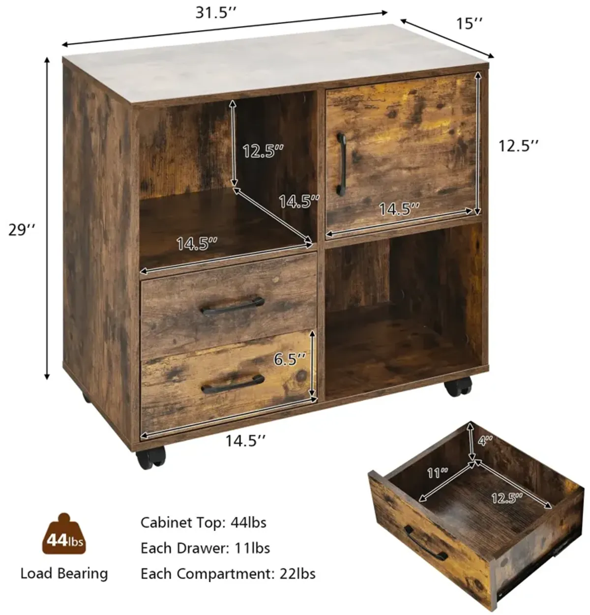 Mobile File Cabinet with Lateral Printer Stand and Storage Shelves