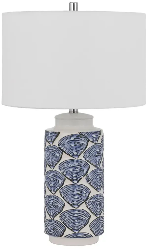 27 Inch Coastal Ceramic Table Lamp, Dimmer, Sea Shells, Blue-Benzara