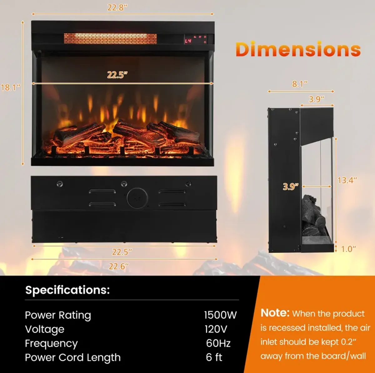 23-inch 3-Sided Electric Fireplace Insert with Remote Control-Black