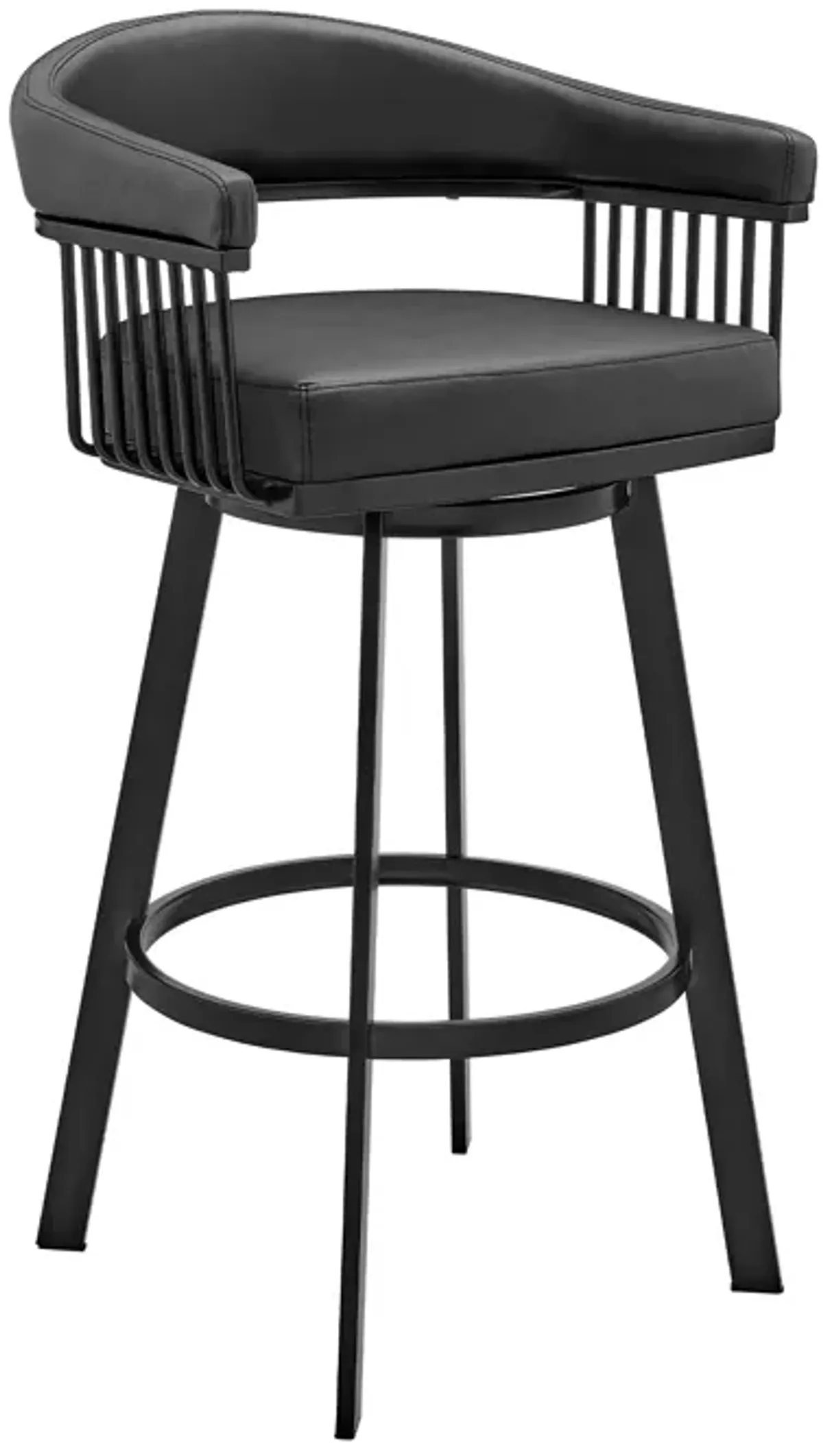 Swivel Barstool with Open Metal Frame and Slatted Arms, Black-Benzara