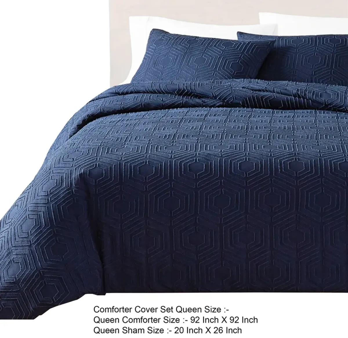 Jose 3 Piece Queen Size Comforter Set, Matching Shams, Jacquard Navy Blue - Benzara