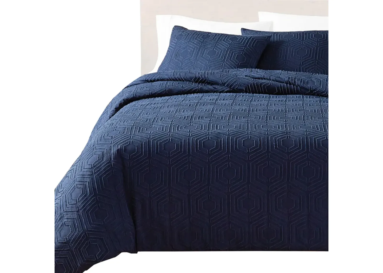 Jose 3 Piece Queen Size Comforter Set, Matching Shams, Jacquard Navy Blue - Benzara